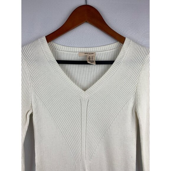 DKNY Jeans Womens White Ribbed V-Neck Long Sleeve Sweater Size S - Picture 4 of 6